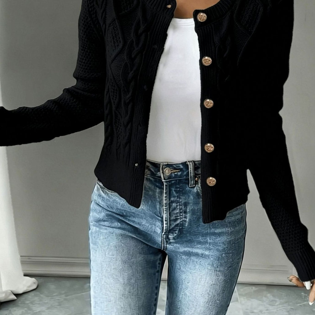 Women's Cable-Knit Gold-Button Front Cardigan Sweater - Black