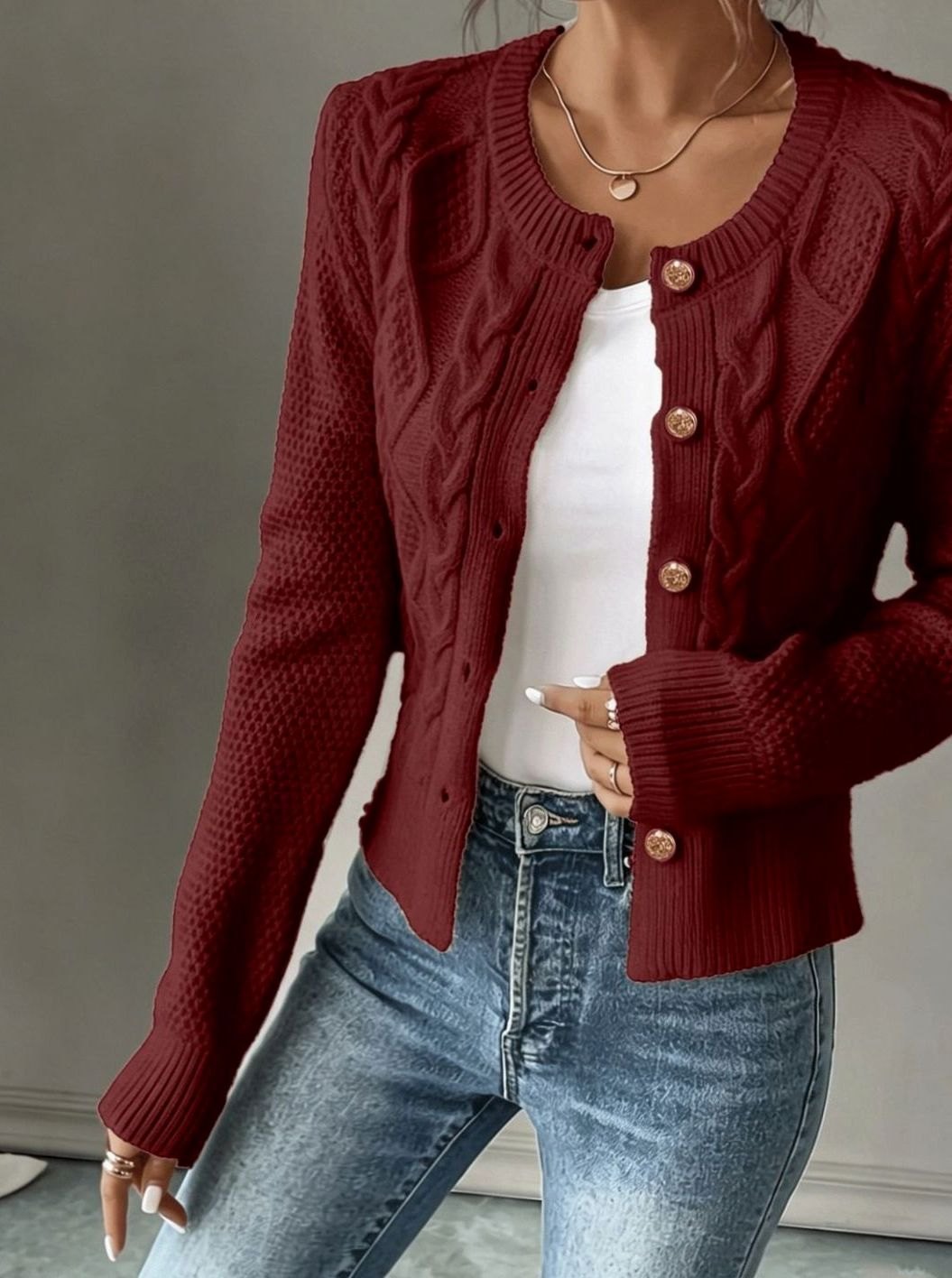 Women's Cable-Knit Gold-Button Front Cardigan Sweater