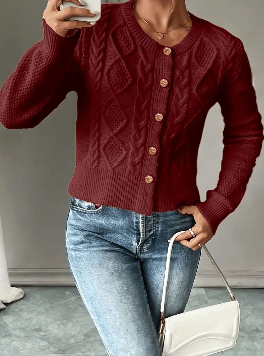 Women's Cable-Knit Gold-Button Front Cardigan Sweater