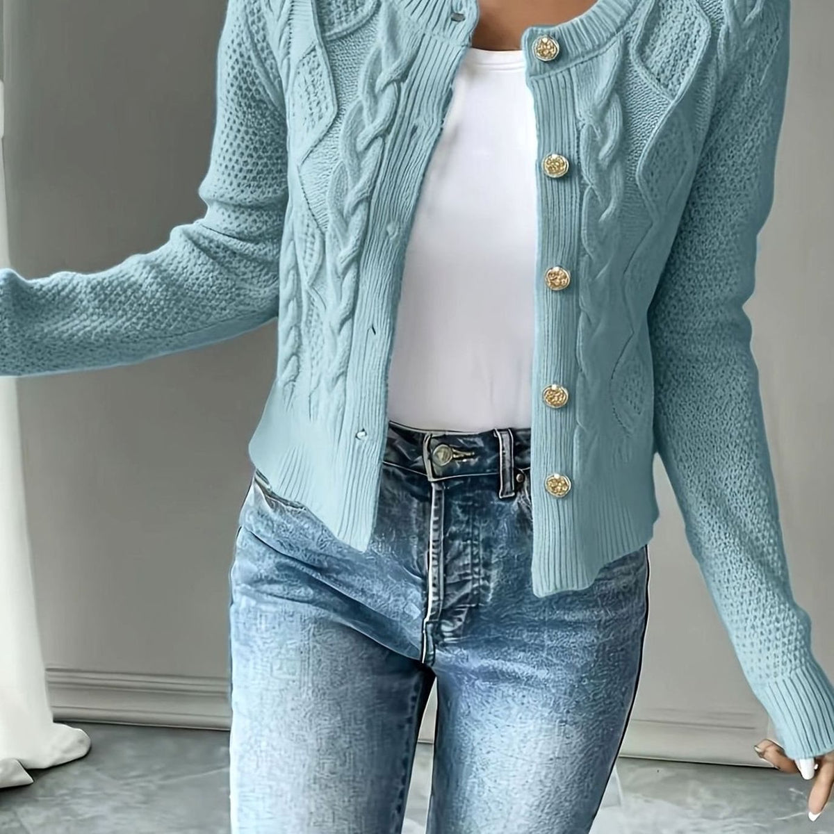 Women's Cable-Knit Gold-Button Front Cardigan Sweater - Sky Blue