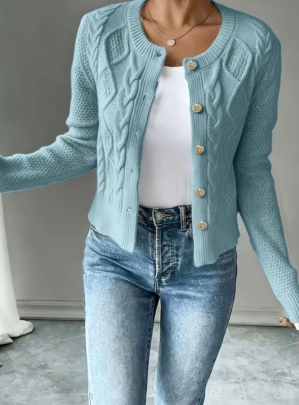 Women's Cable-Knit Gold-Button Front Cardigan Sweater
