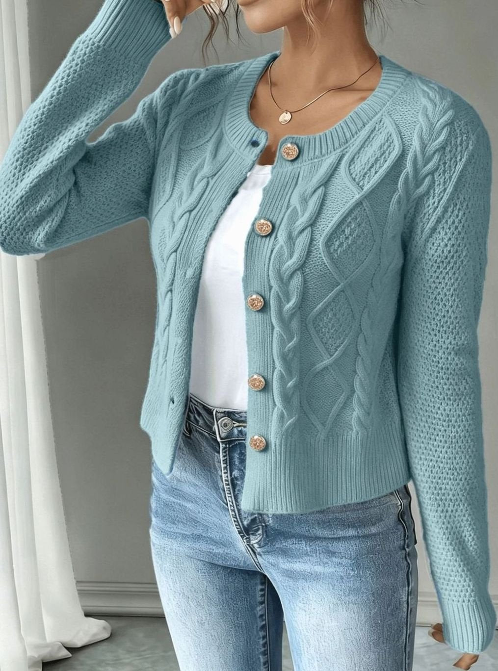 Women's Cable-Knit Gold-Button Front Cardigan Sweater