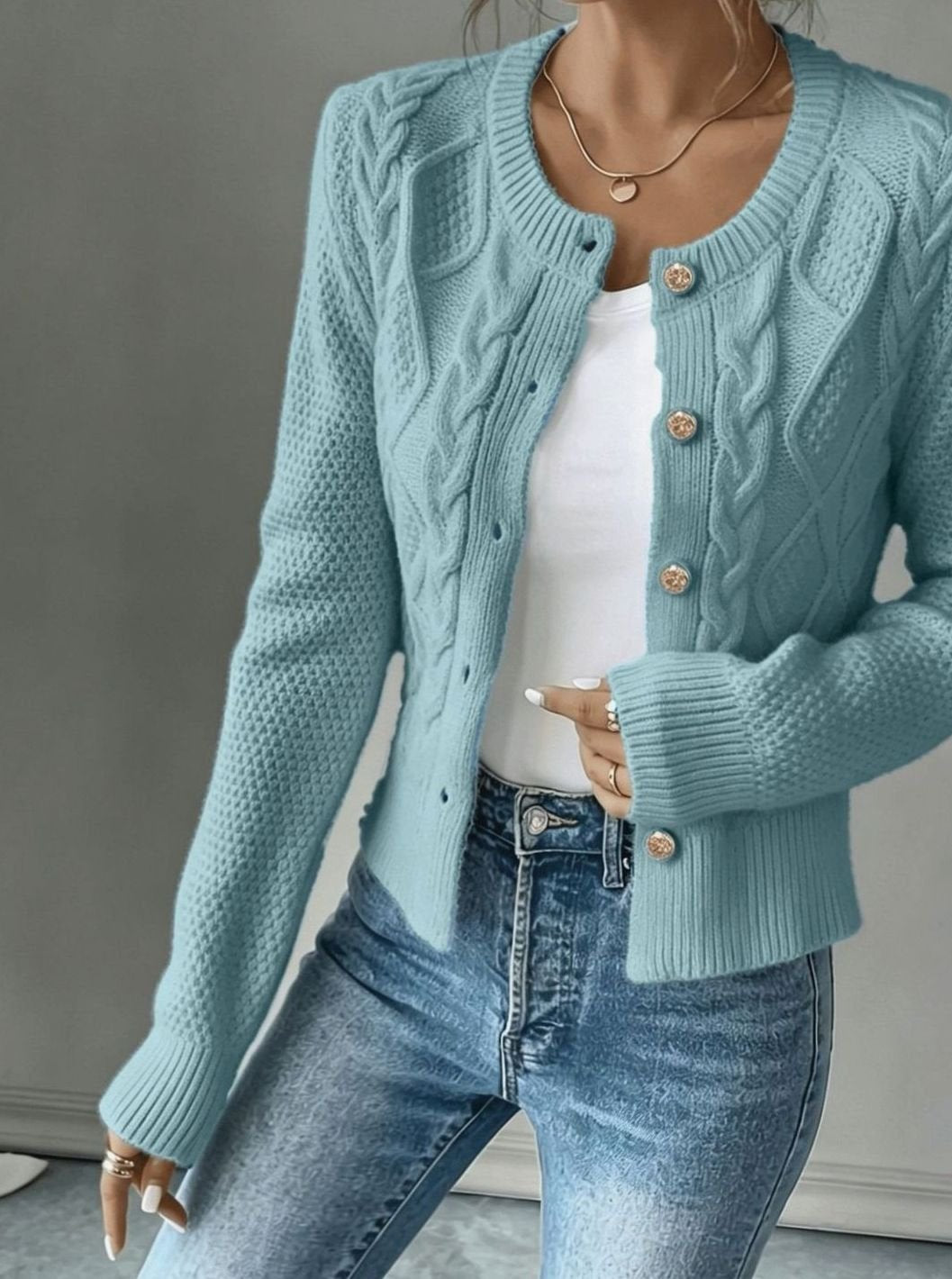 Women's Cable-Knit Gold-Button Front Cardigan Sweater