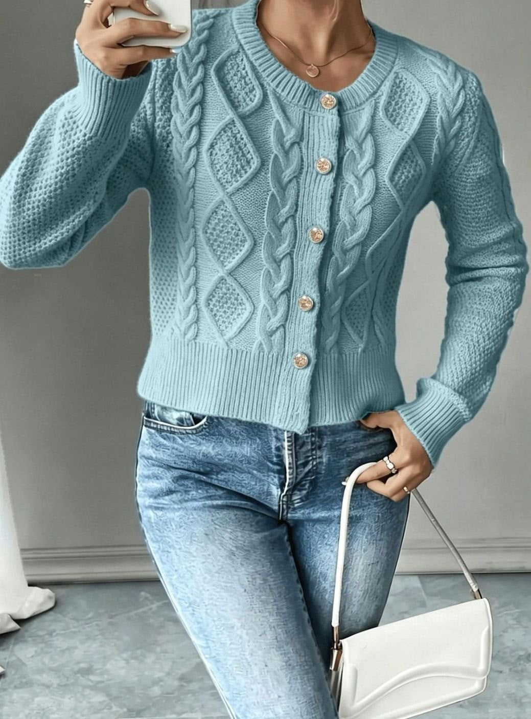 Women's Cable-Knit Gold-Button Front Cardigan Sweater