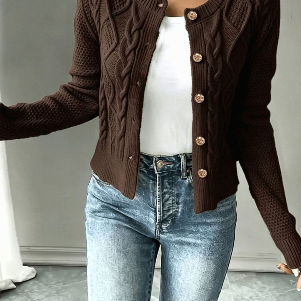 Women's Cable-Knit Gold-Button Front Cardigan Sweater - Coffee Brown
