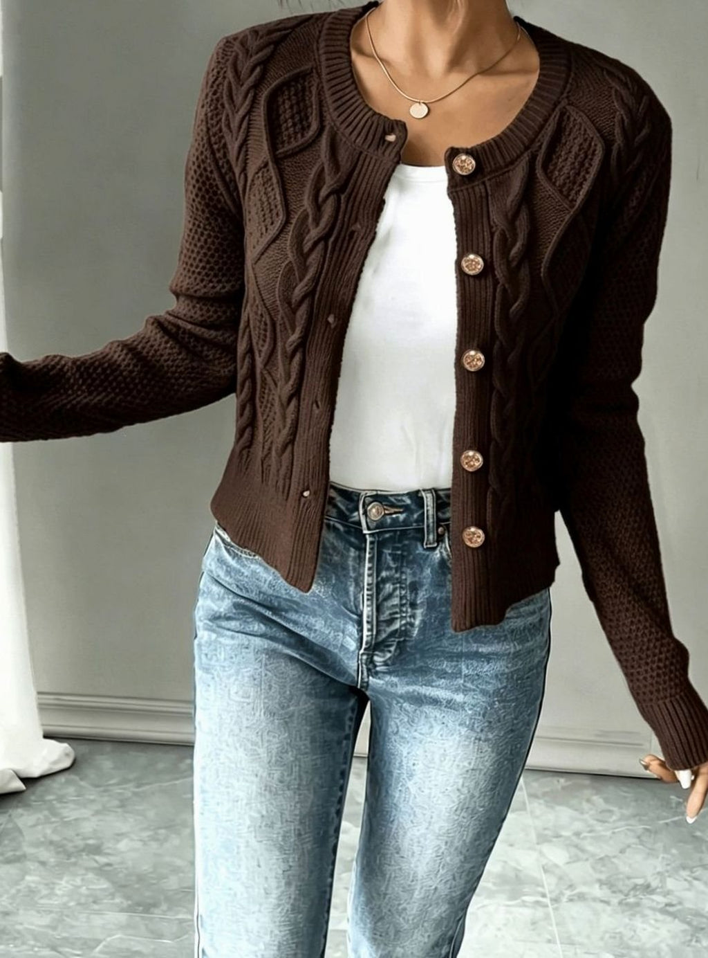 Women's Cable-Knit Gold-Button Front Cardigan Sweater