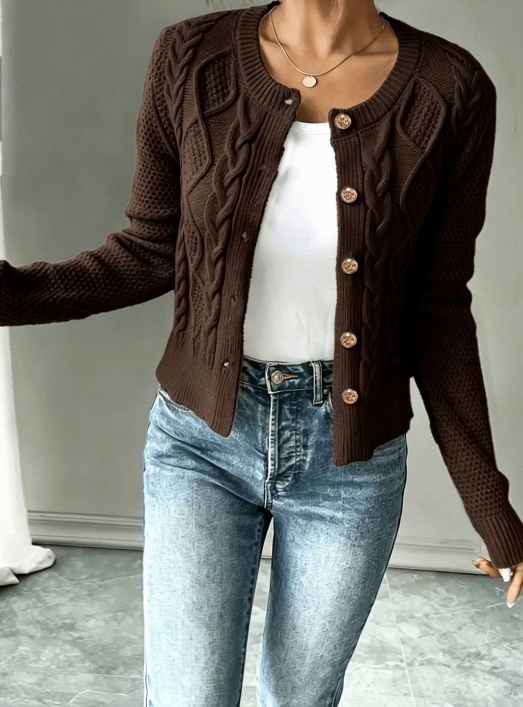Women's Cable-Knit Gold-Button Front Cardigan Sweater