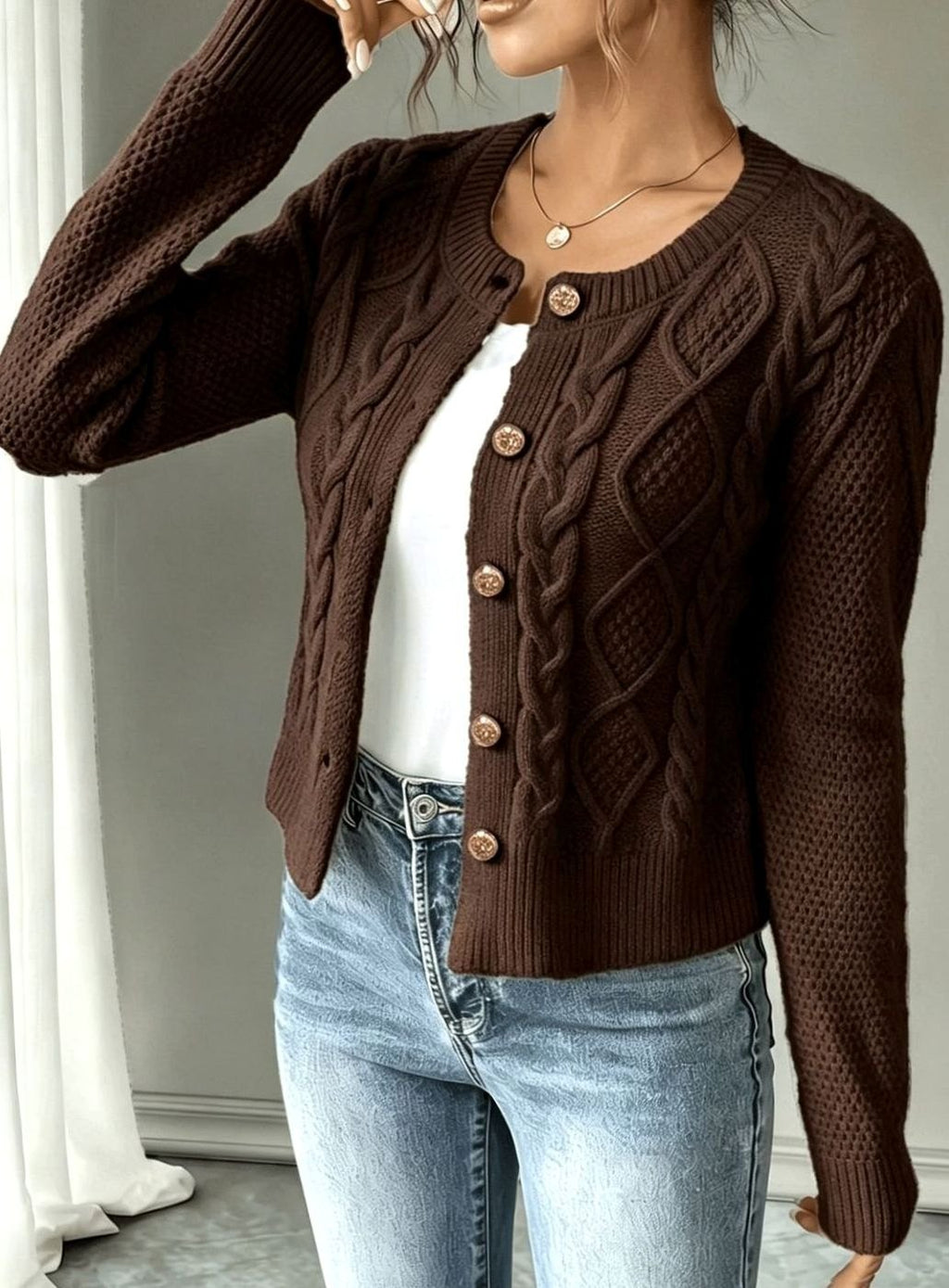 Women's Cable-Knit Gold-Button Front Cardigan Sweater