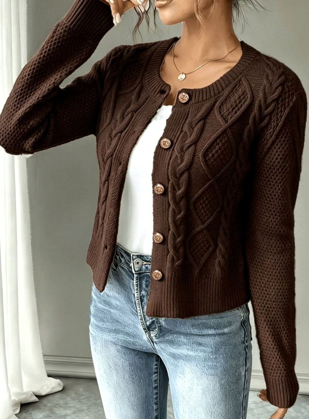 Women's Cable-Knit Gold-Button Front Cardigan Sweater