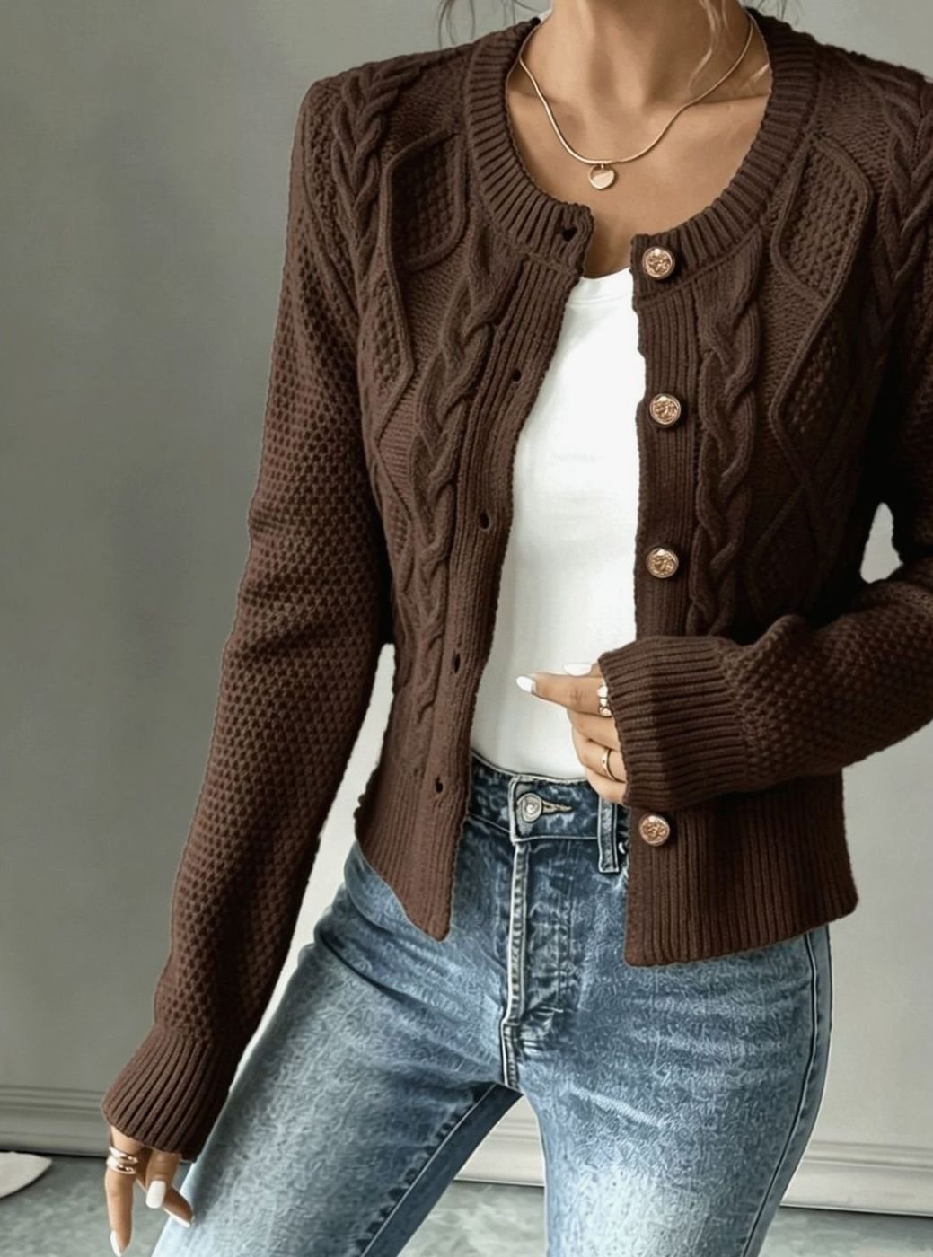 Women's Cable-Knit Gold-Button Front Cardigan Sweater