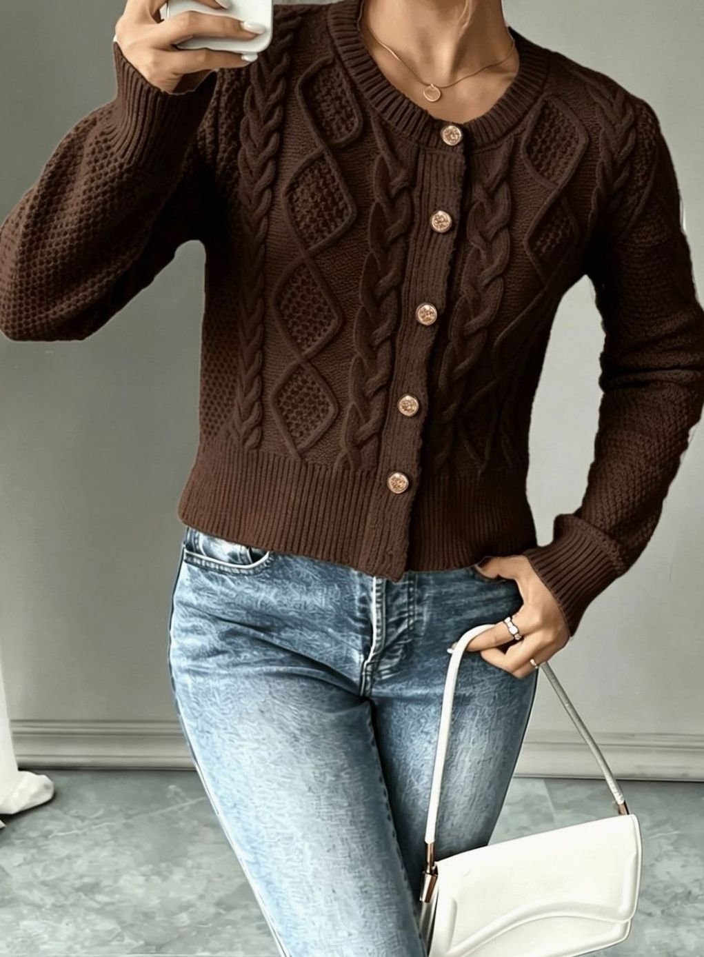 Women's Cable-Knit Gold-Button Front Cardigan Sweater