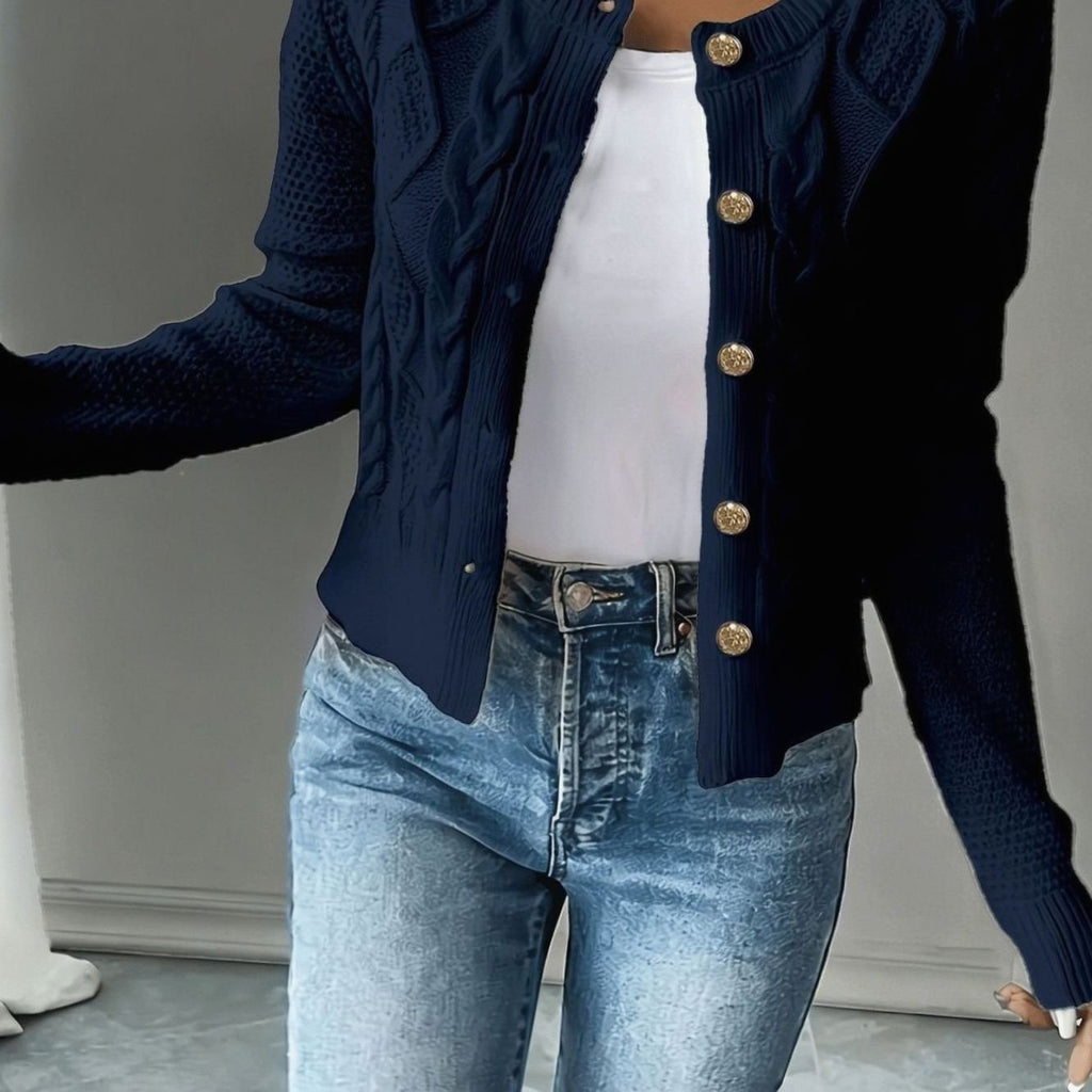 Women's Cable-Knit Gold-Button Front Cardigan Sweater - Navy