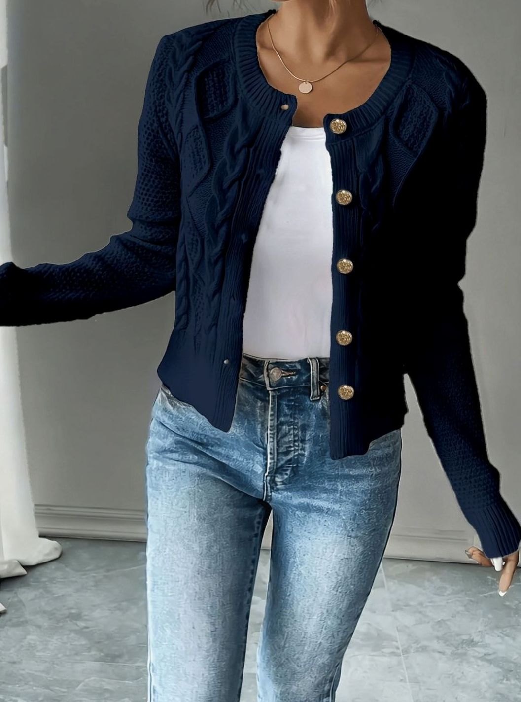 Women's Cable-Knit Gold-Button Front Cardigan Sweater