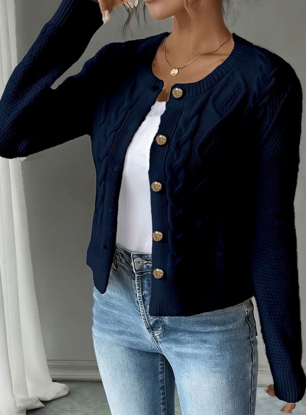Women's Cable-Knit Gold-Button Front Cardigan Sweater