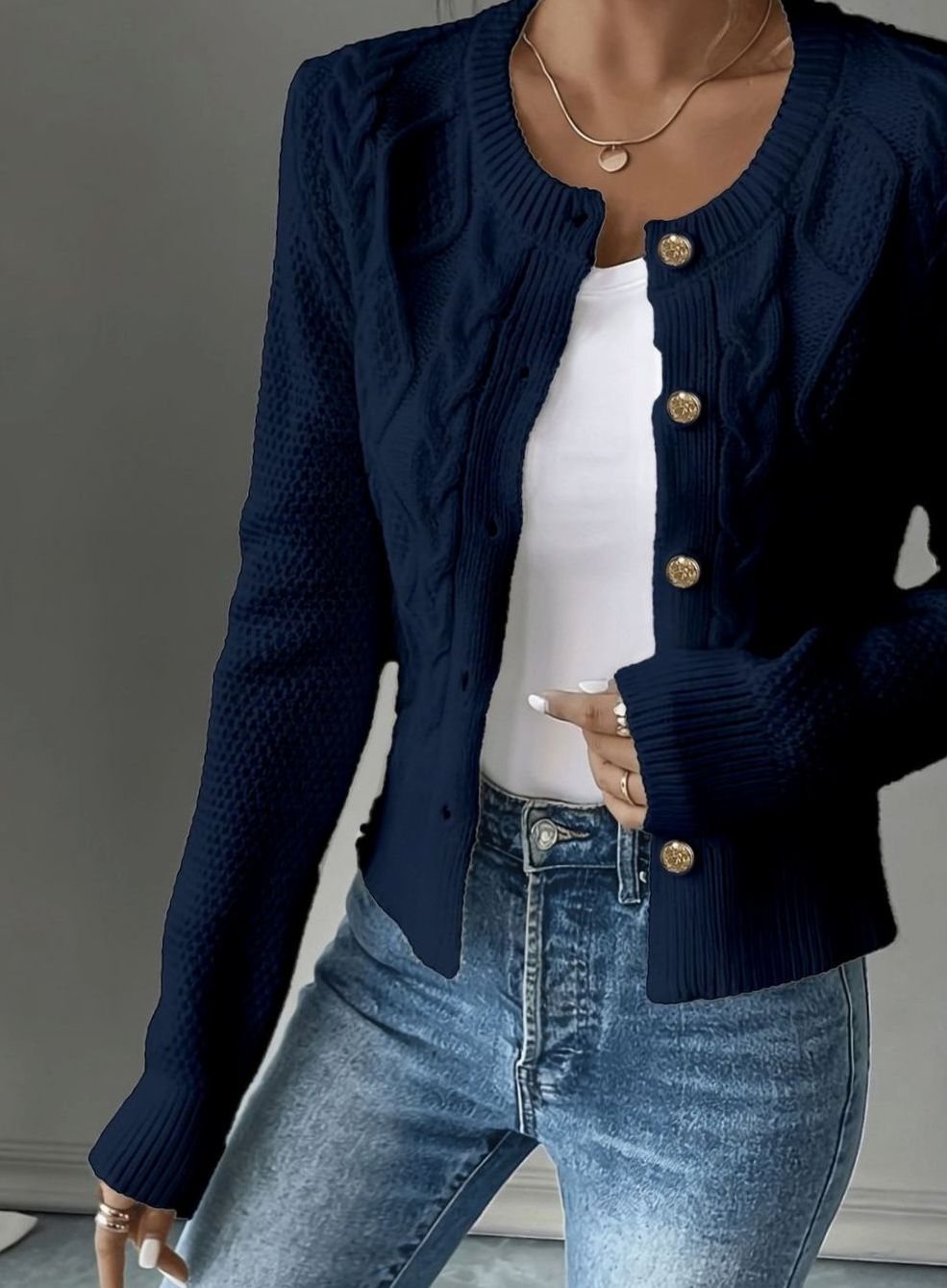 Women's Cable-Knit Gold-Button Front Cardigan Sweater