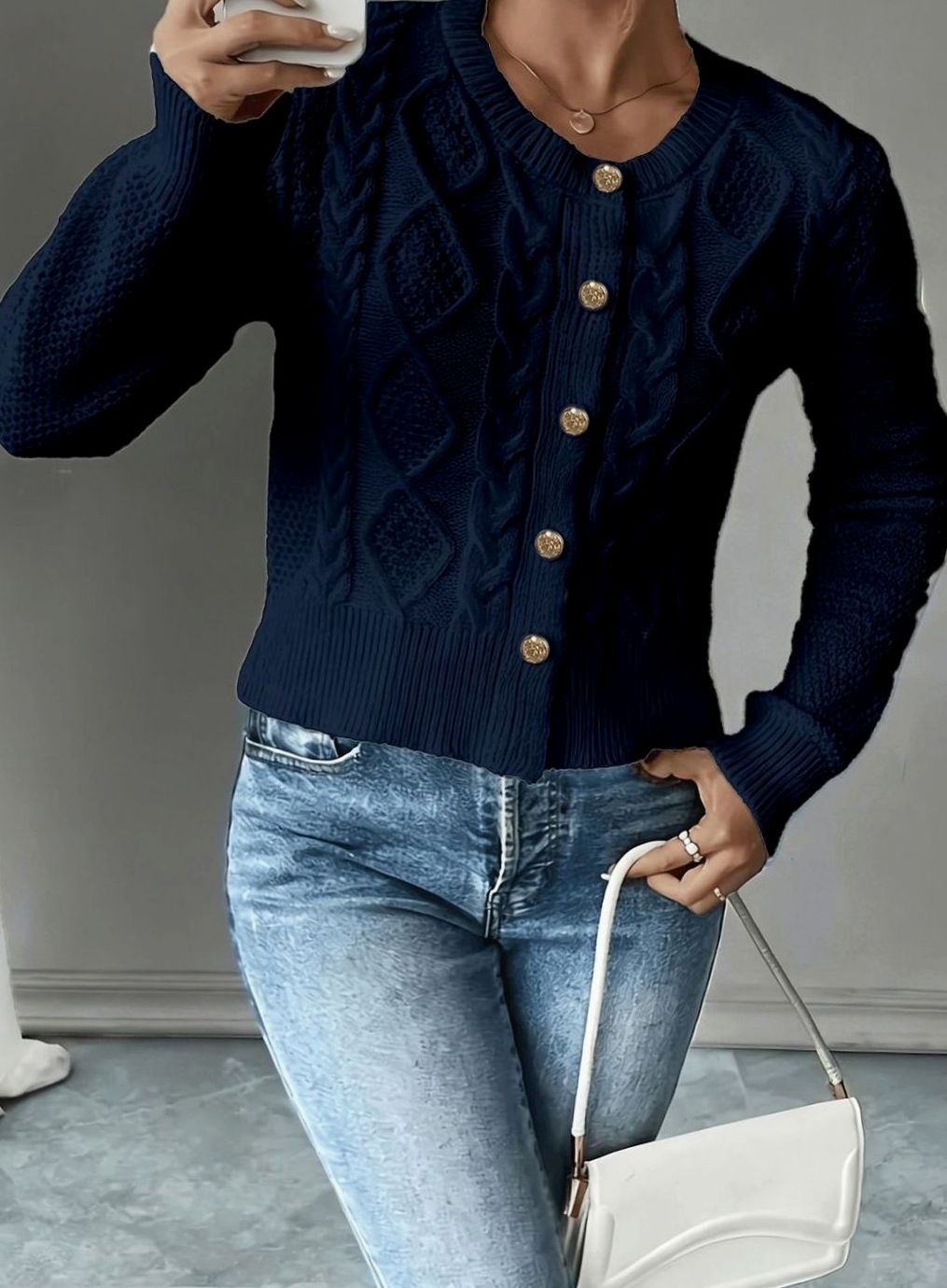 Women's Cable-Knit Gold-Button Front Cardigan Sweater