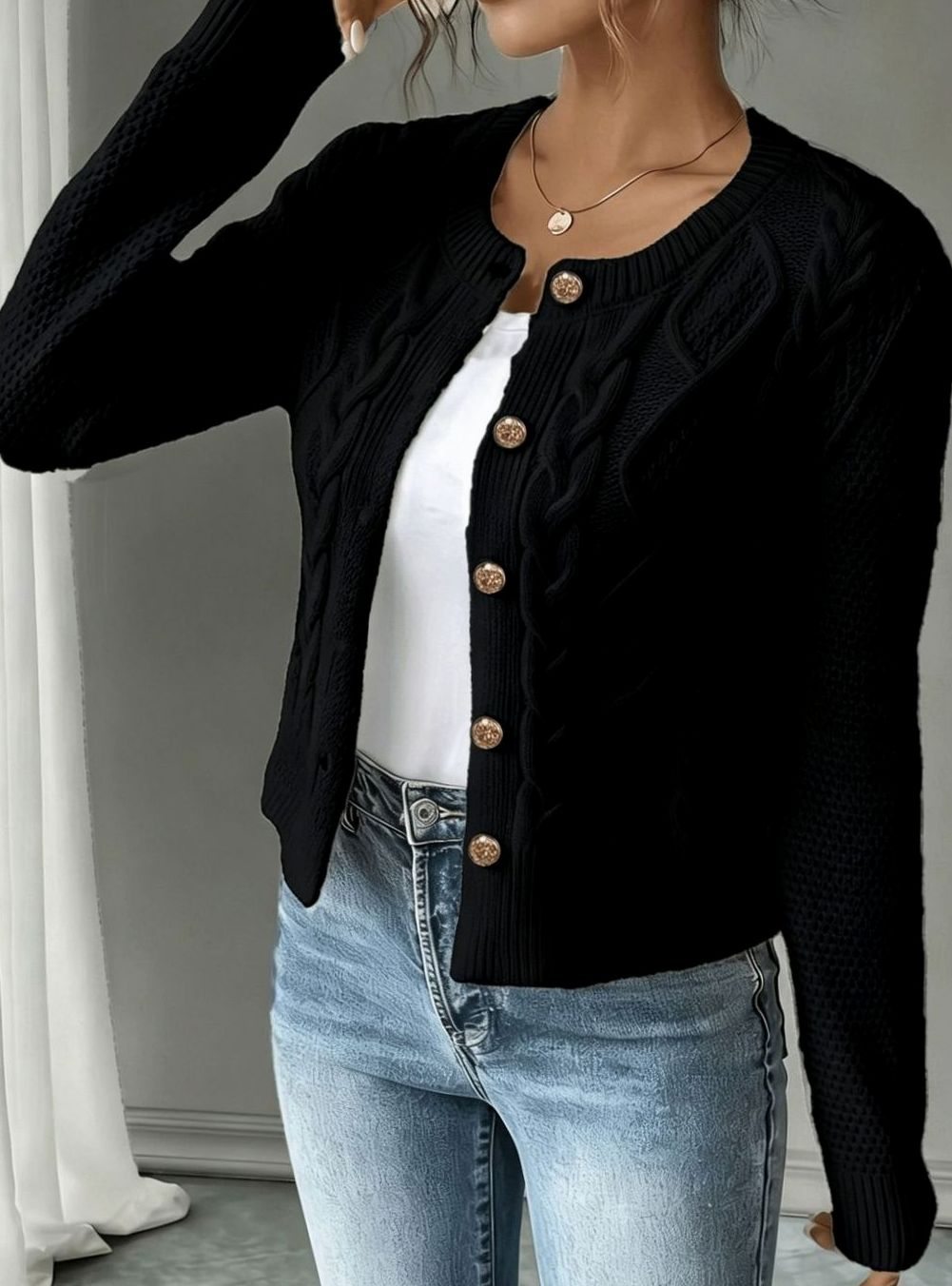 Women's Cable-Knit Gold-Button Front Cardigan Sweater