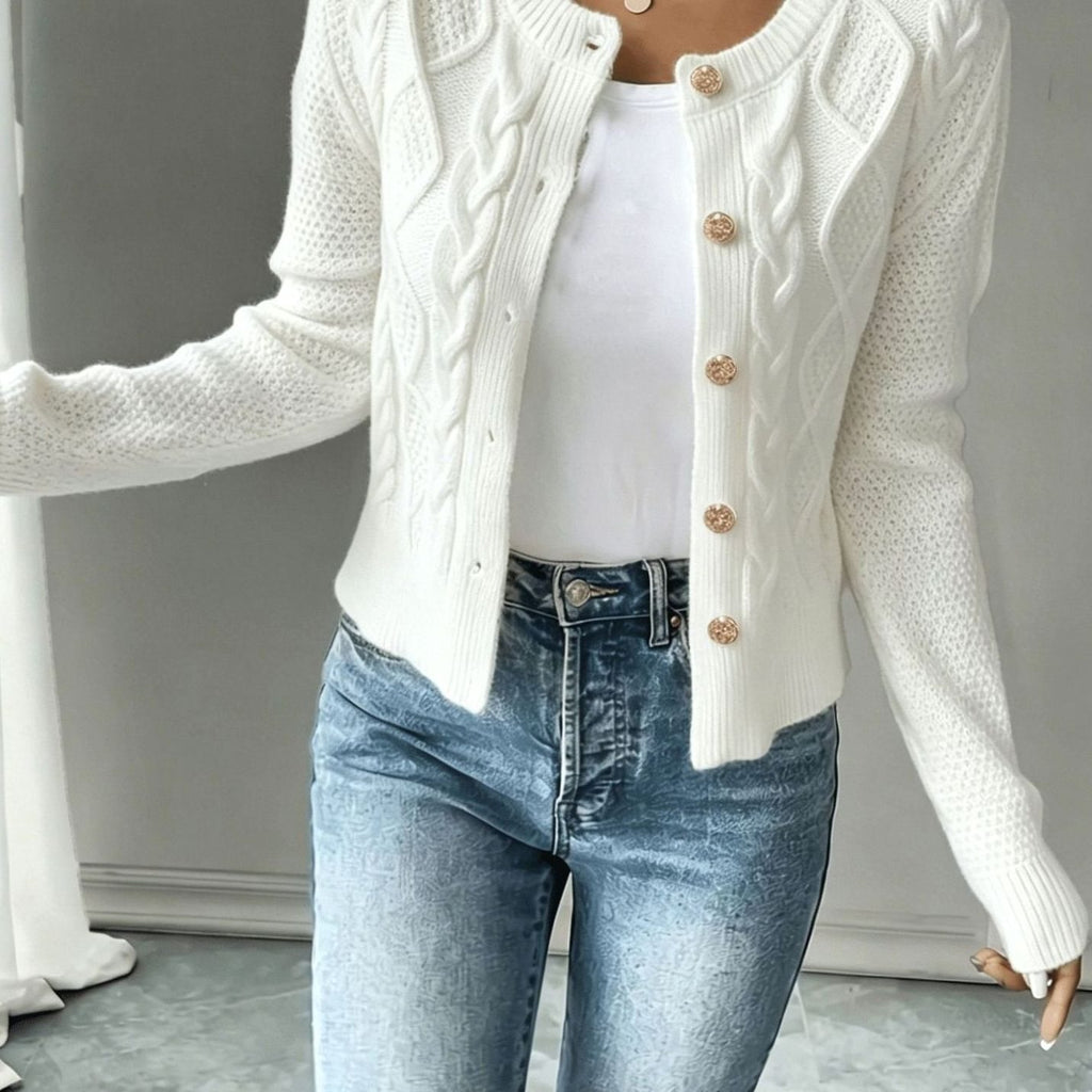 Women's Cable-Knit Gold-Button Front Cardigan Sweater - White