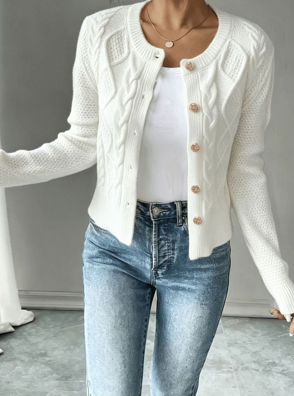 Women's Cable-Knit Gold-Button Front Cardigan Sweater