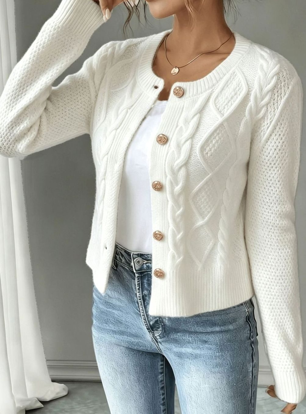Women's Cable-Knit Gold-Button Front Cardigan Sweater