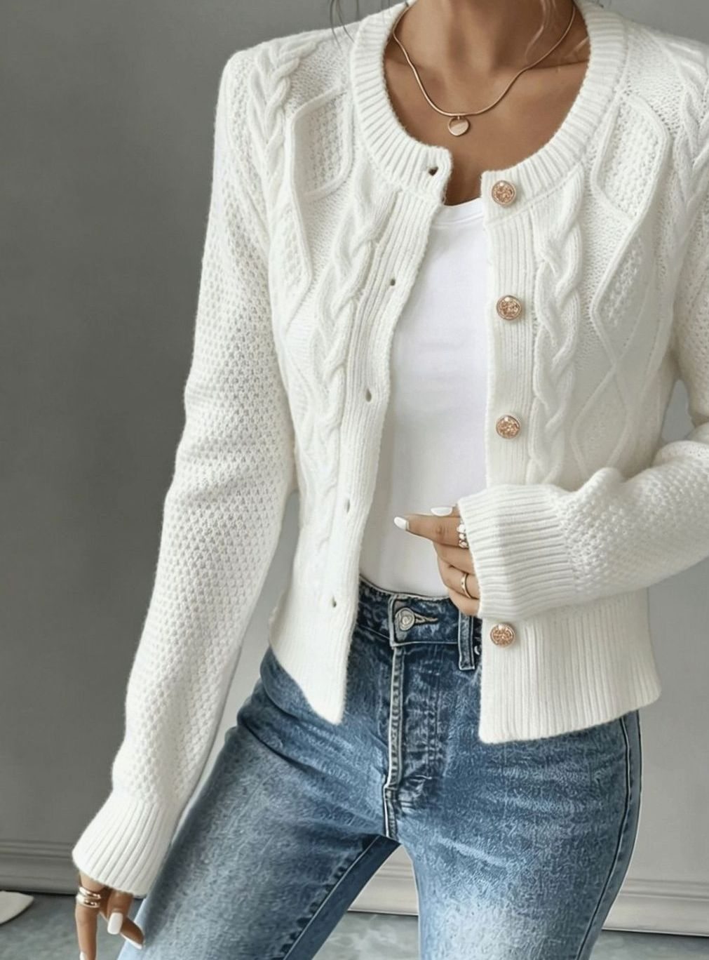 Women's Cable-Knit Gold-Button Front Cardigan Sweater