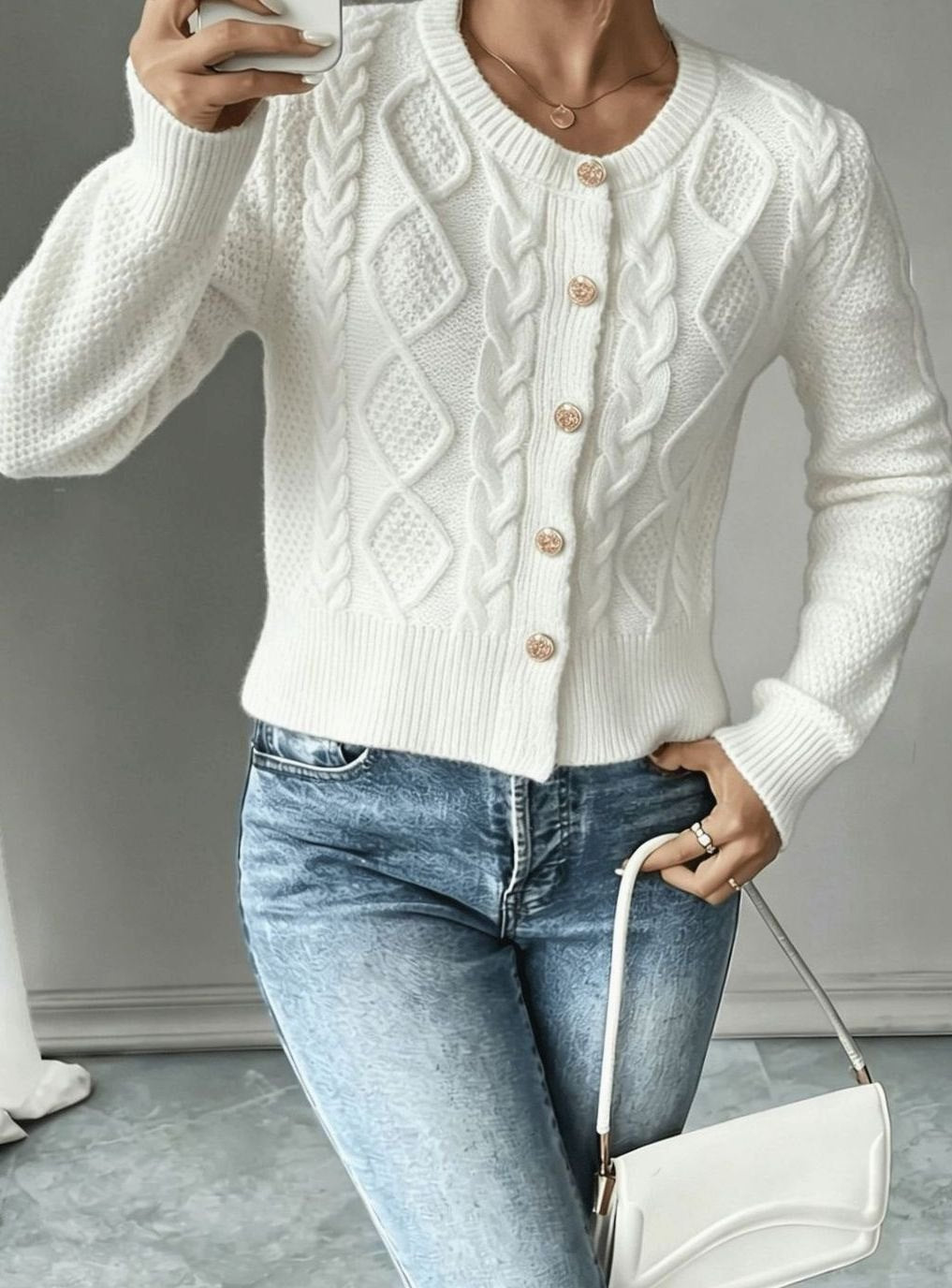 Women's Cable-Knit Gold-Button Front Cardigan Sweater