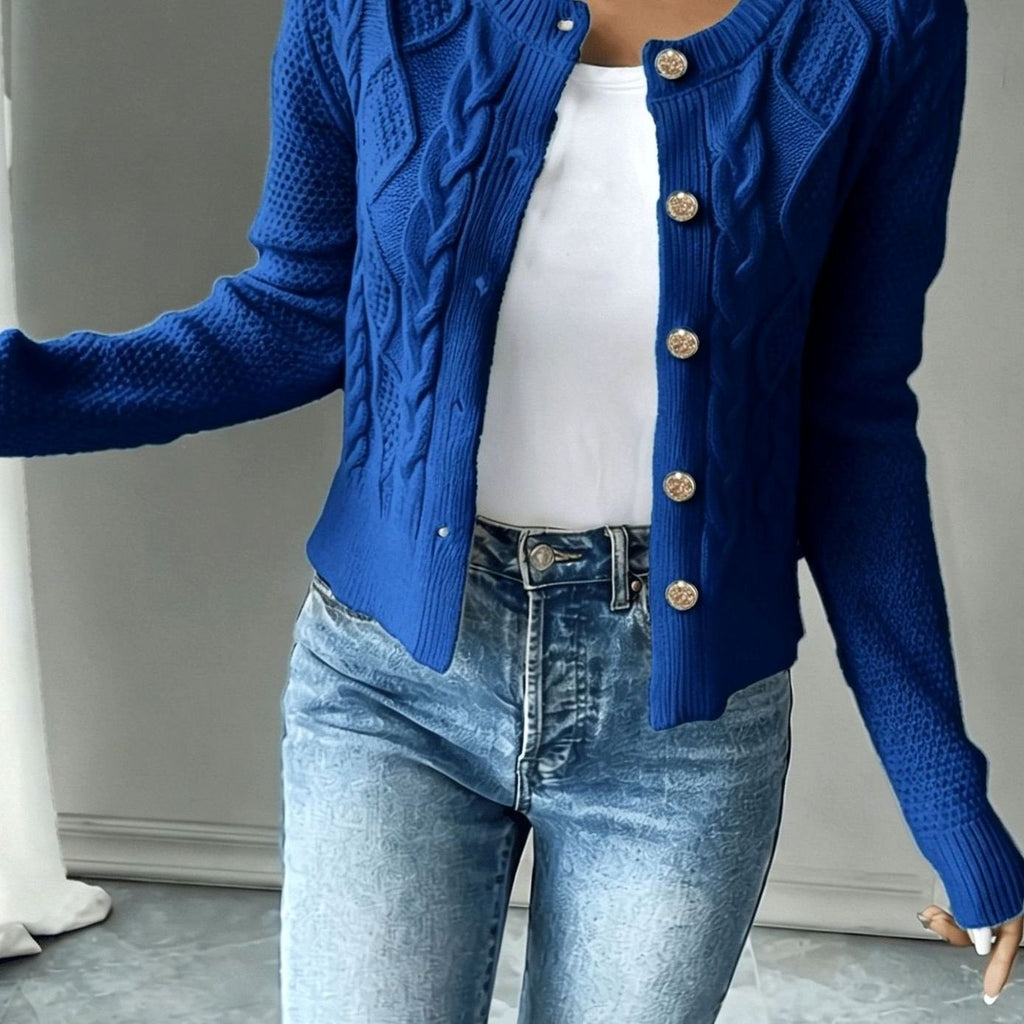 Women's Cable-Knit Gold-Button Front Cardigan Sweater - Blue