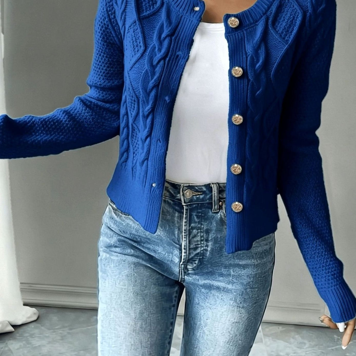 Women's Cable-Knit Gold-Button Front Cardigan Sweater - Blue