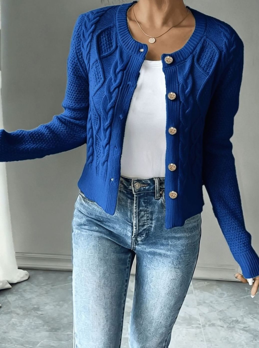 Women's Cable-Knit Gold-Button Front Cardigan Sweater