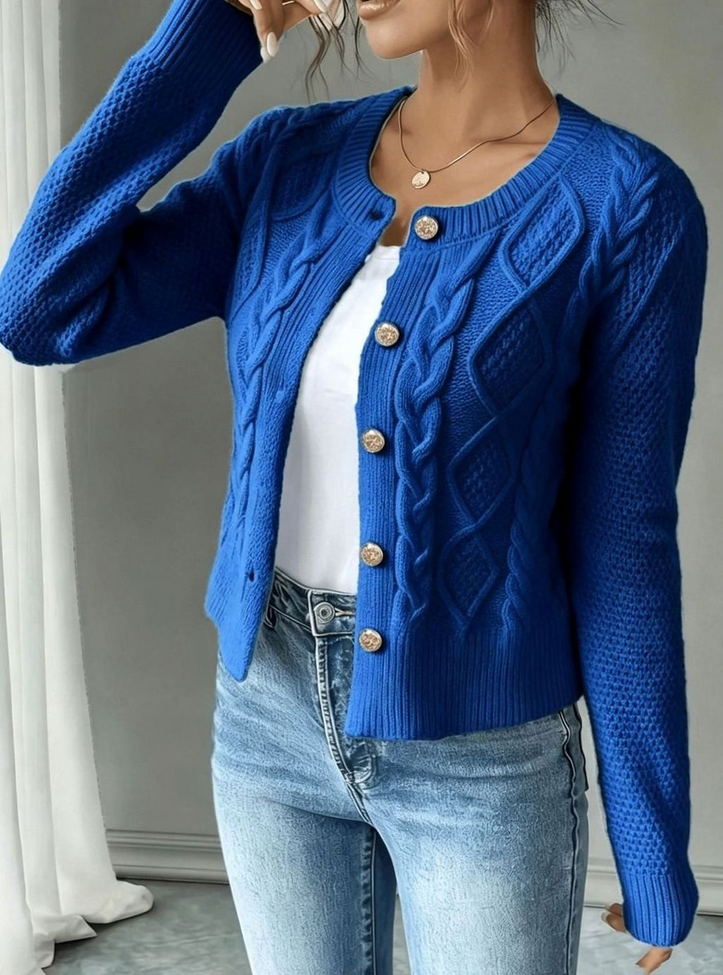 Women's Cable-Knit Gold-Button Front Cardigan Sweater