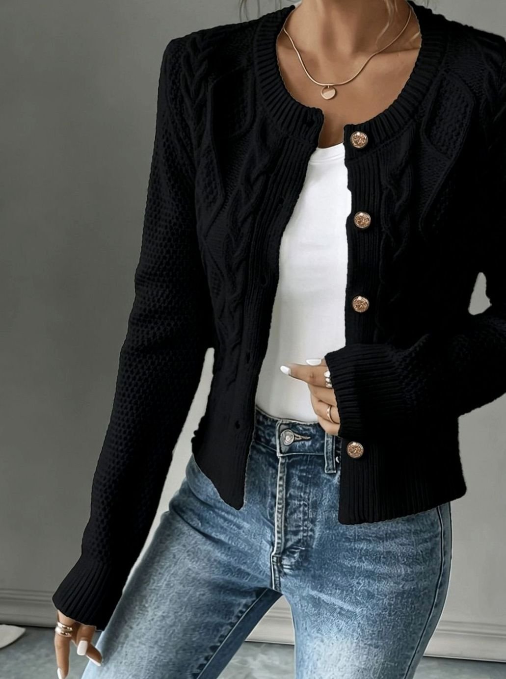 Women's Cable-Knit Gold-Button Front Cardigan Sweater