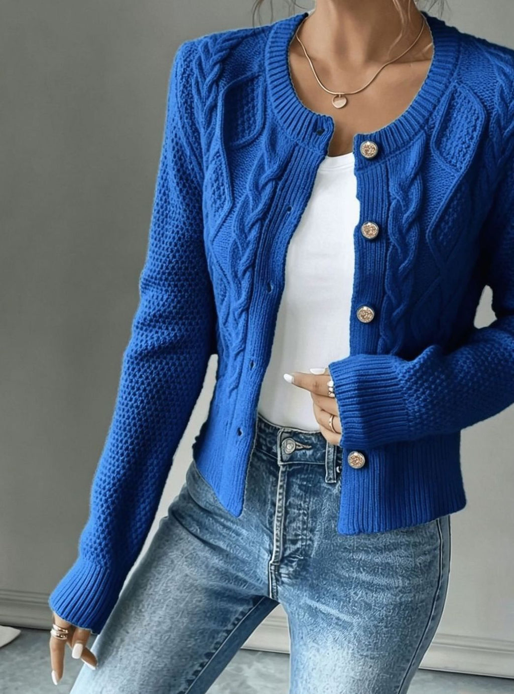 Women's Cable-Knit Gold-Button Front Cardigan Sweater