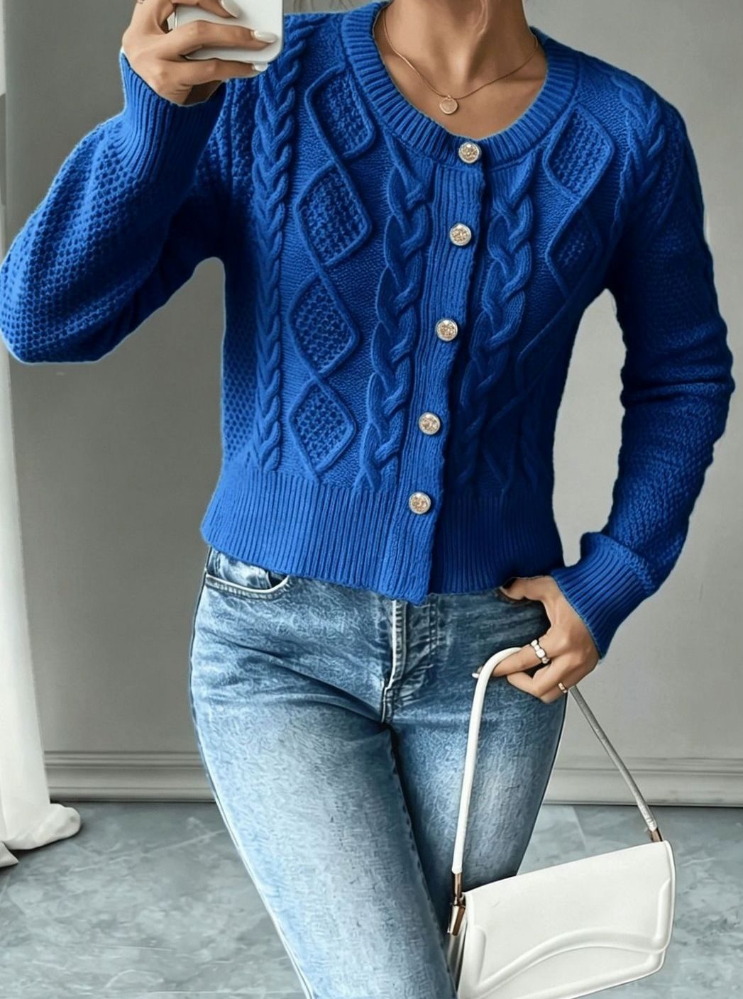 Women's Cable-Knit Gold-Button Front Cardigan Sweater