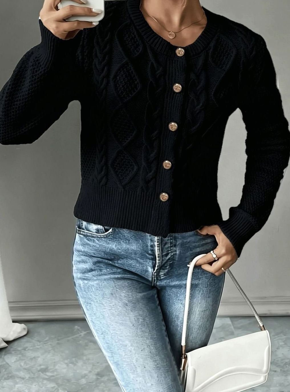 Women's Cable-Knit Gold-Button Front Cardigan Sweater