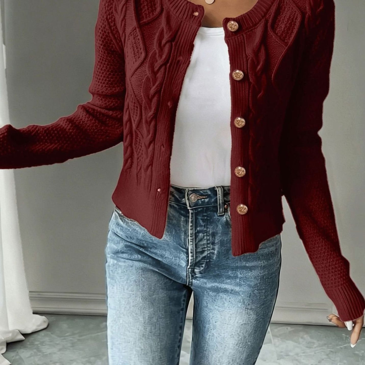 Women's Cable-Knit Gold-Button Front Cardigan Sweater - Deep Red