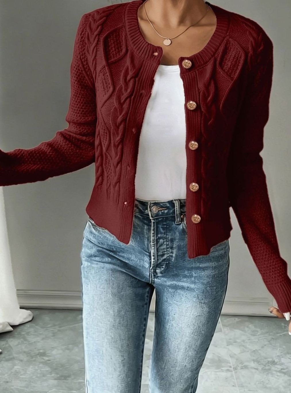 Women's Cable-Knit Gold-Button Front Cardigan Sweater