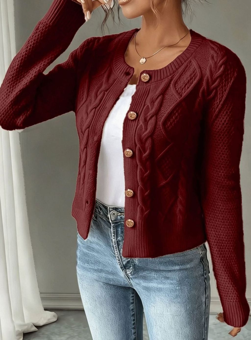 Women's Cable-Knit Gold-Button Front Cardigan Sweater