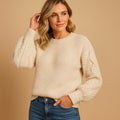 Women's Cable-Knit Long-Sleeve Crew Neck Sweater - Beige