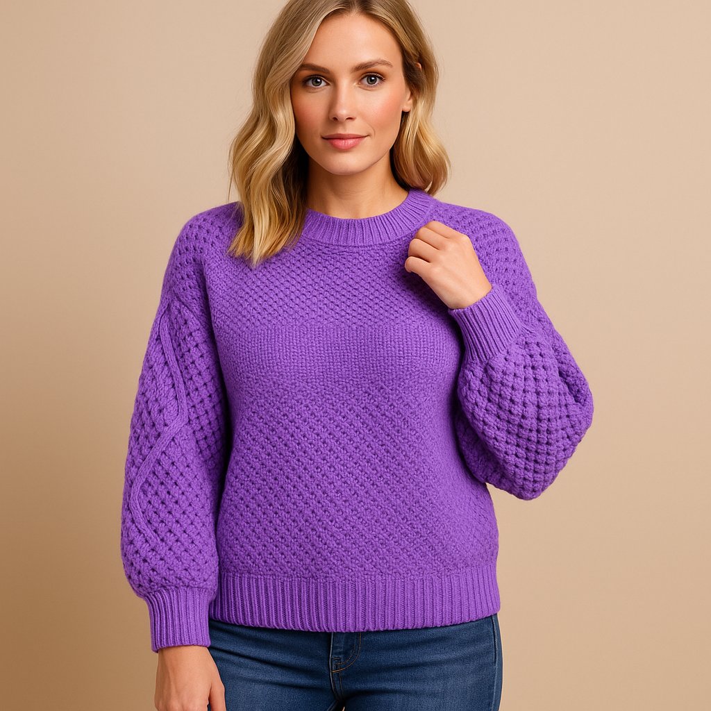 Women's Cable-Knit Long-Sleeve Crew Neck Sweater - Violet