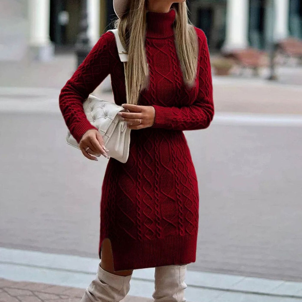 Women's Cable Knit Long Sleeve Turtleneck Dress Side Slit - Burgundy