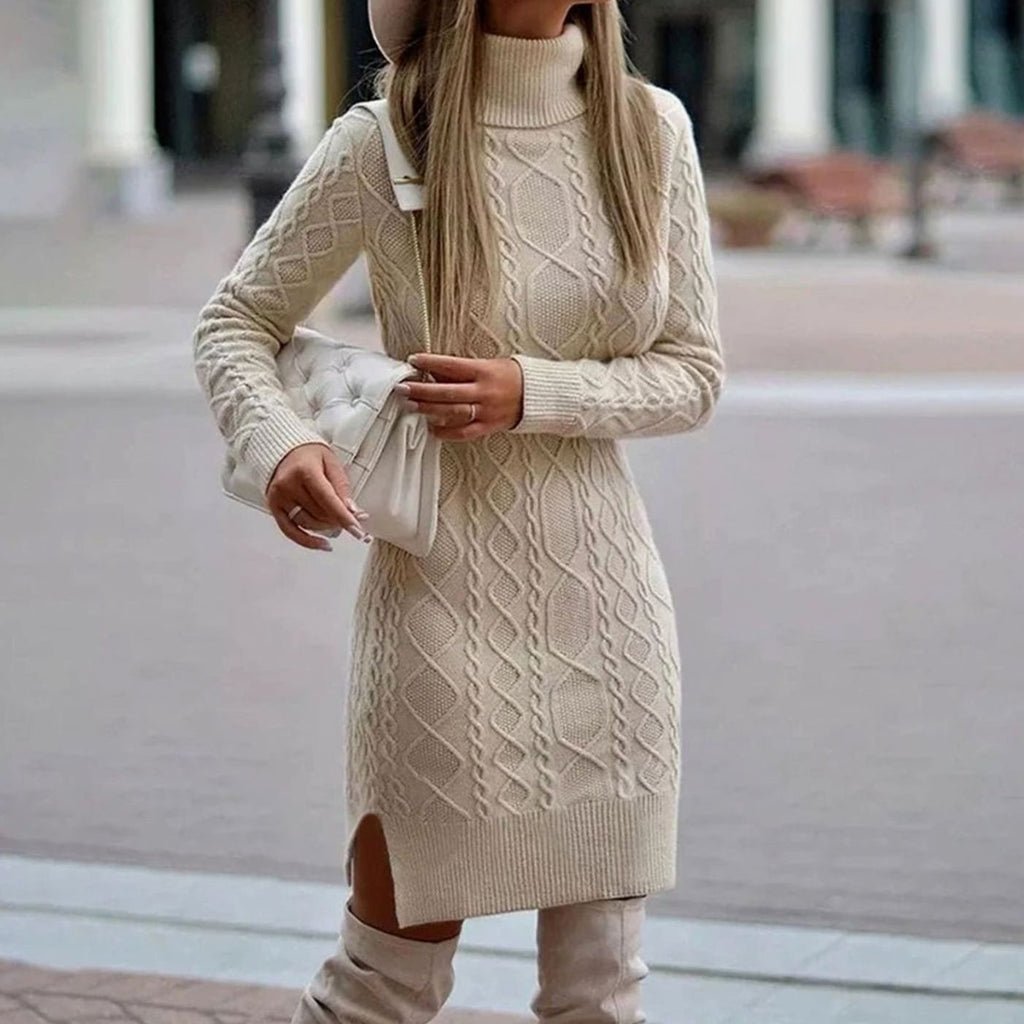 Women's Cable Knit Long Sleeve Turtleneck Dress Side Slit - Beige