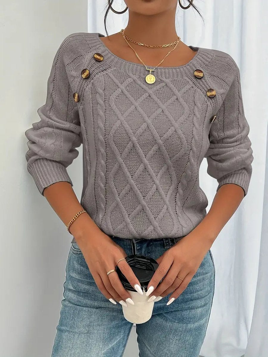 Women's Cable Knit Sweater Raglan-Sleeve Button-Detail Pullover - Mauve