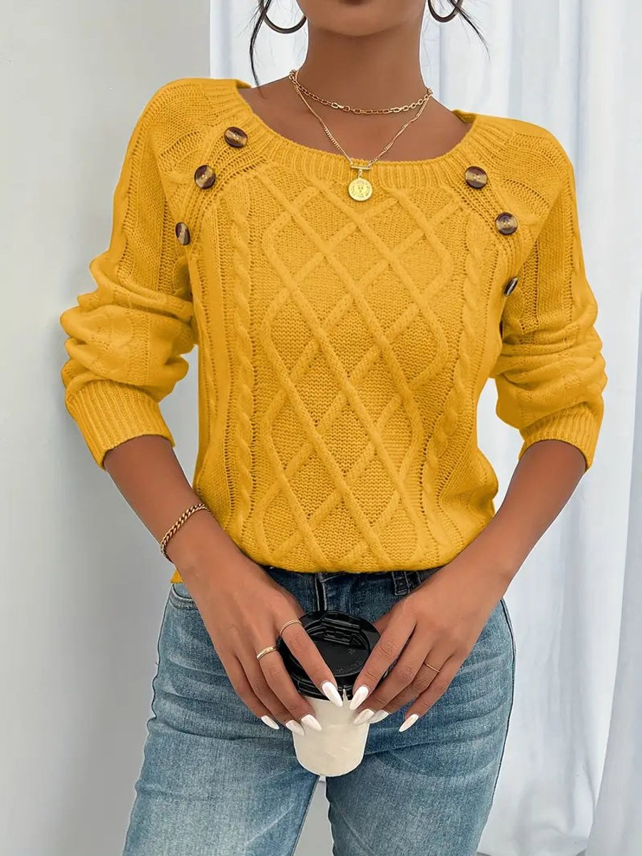 Women's Cable Knit Sweater Raglan-Sleeve Button-Detail Pullover - Golden