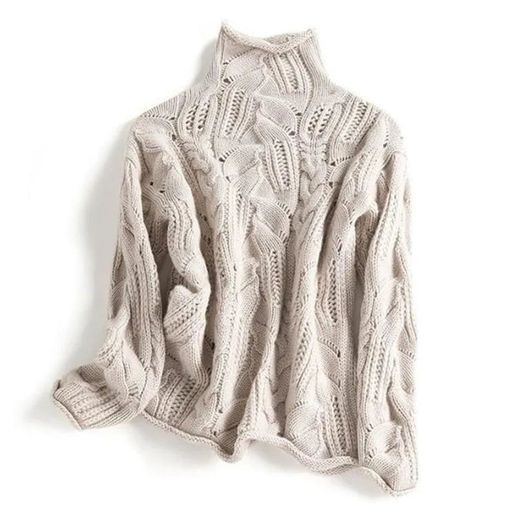 Women's Cable Knit Sweater Turtleneck Loose-Fit Pullover - Beige