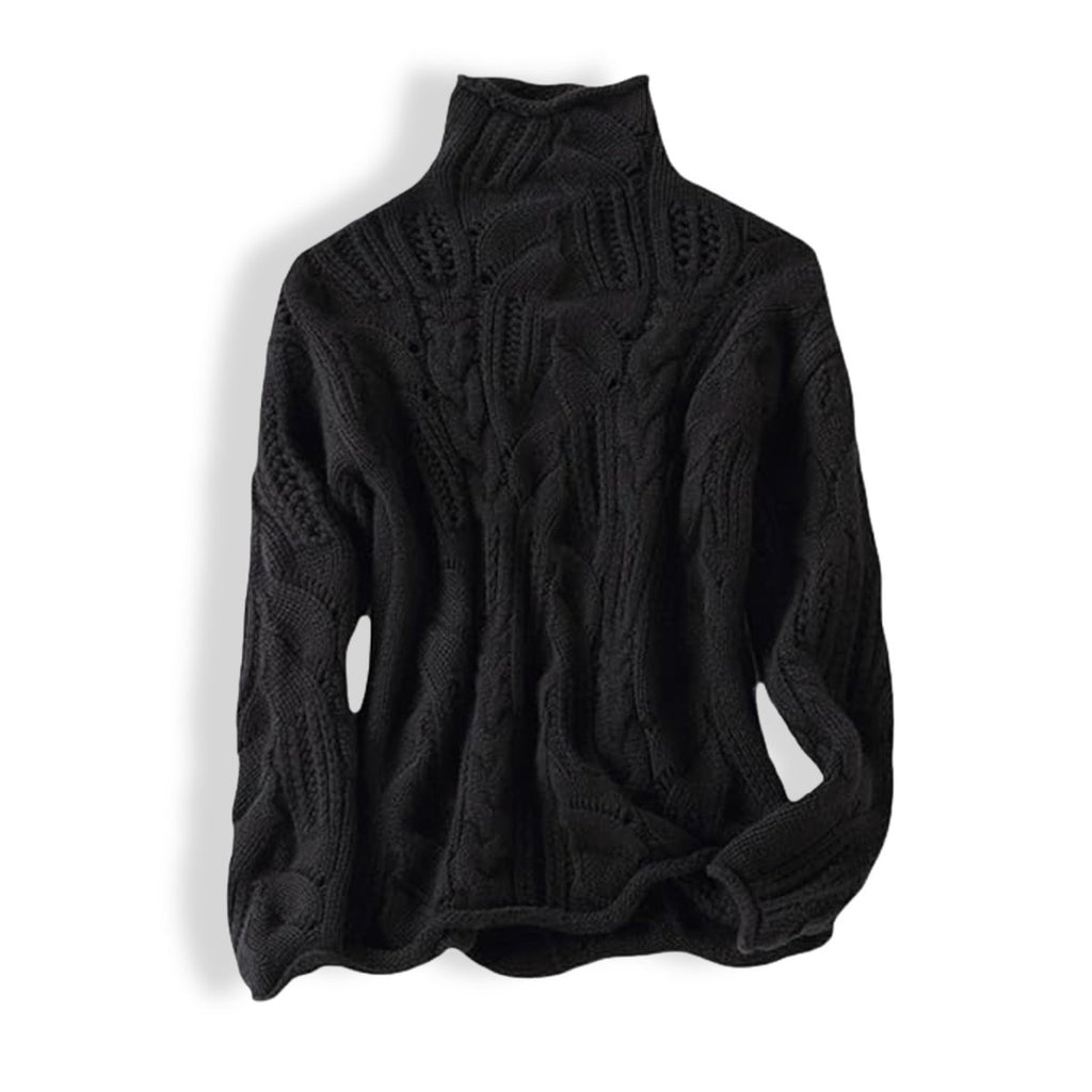 Women's Cable Knit Sweater Turtleneck Loose-Fit Pullover - Black