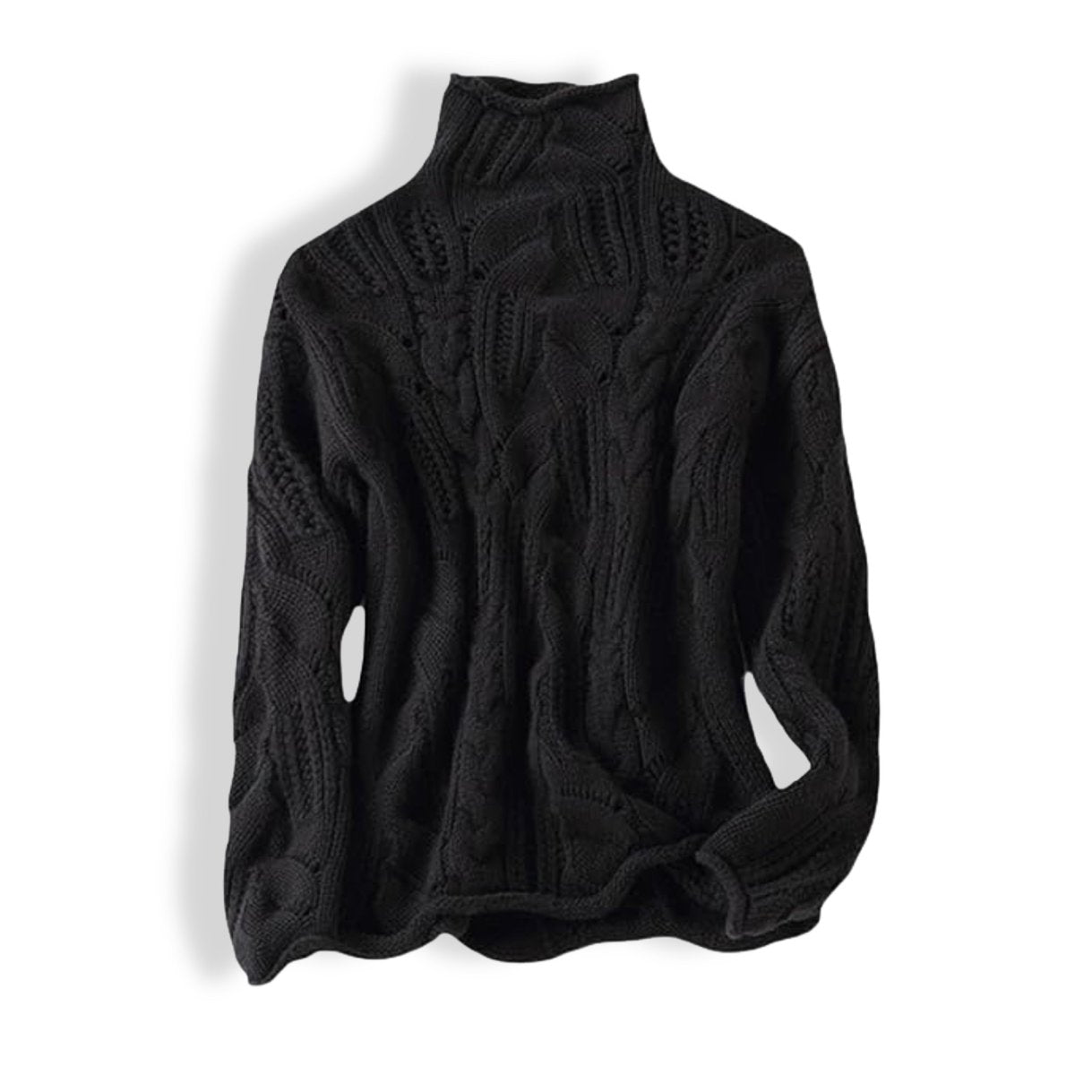 Women's Cable Knit Sweater Turtleneck Loose-Fit Pullover - Black