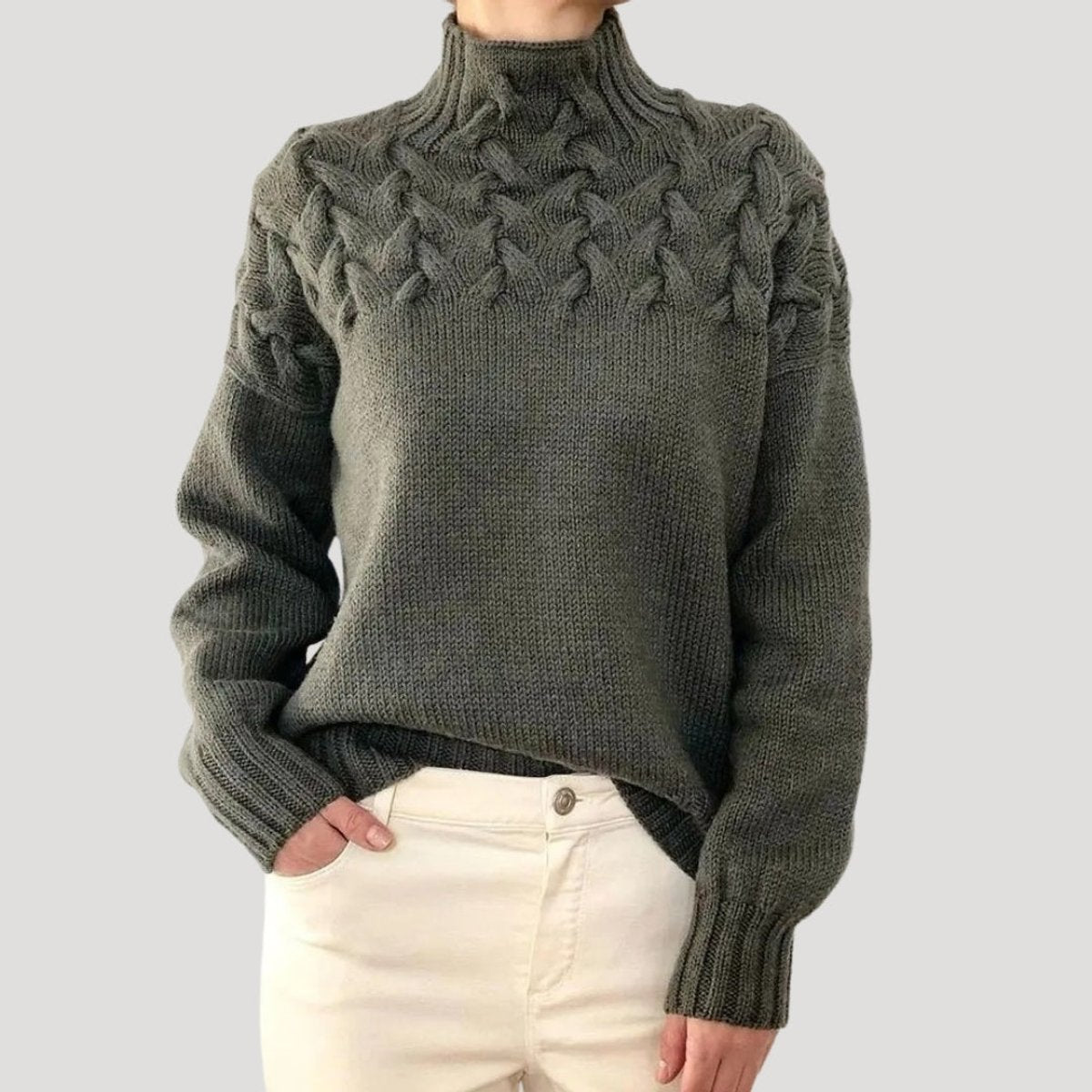 Women's Cable Knit Turtleneck Pullover Sweater - Grey