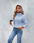 Women's Cable Knit Turtleneck Sweater Cozy Long Sleeve Pullover - Blue