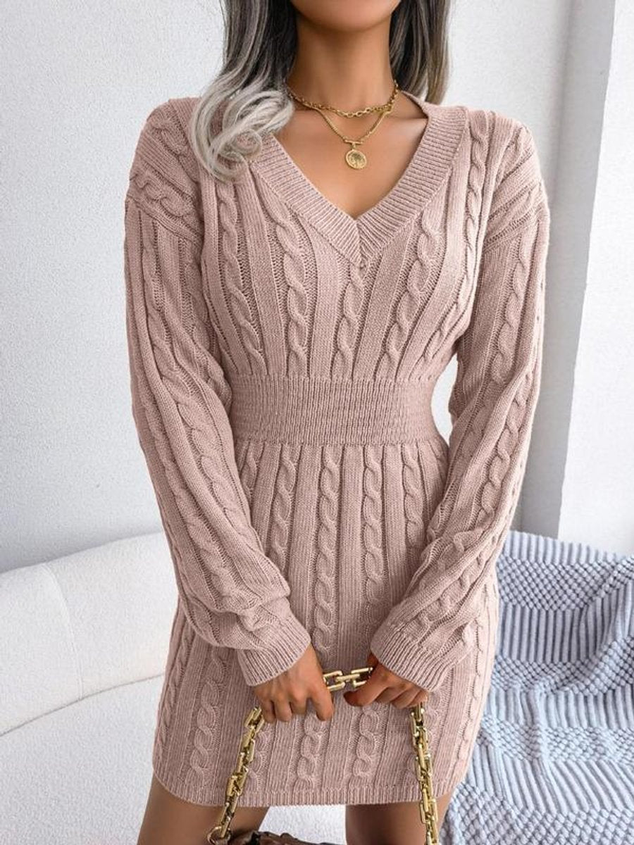Women's Cable-Knit V-Neck Long Sleeve Formal Dresses Sweater Mini - Pink