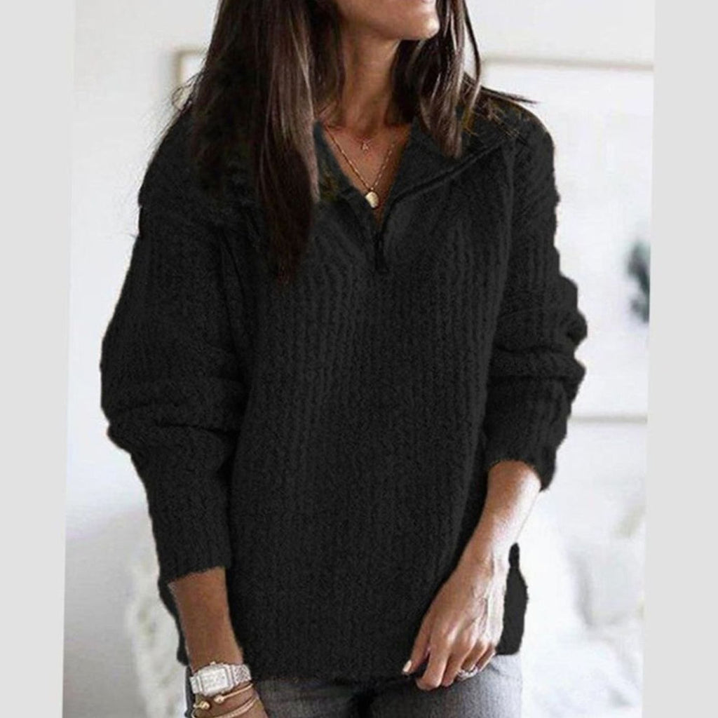 Women's Cable-Knit V-Neck Quarter-Zip Ribbed Sweater